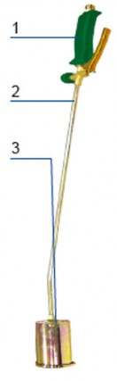 Palnik do prac dekarskich może być jedno- lub dwudyszowy; podłącza się go do butli z propanem-butanem lub propanem: 1. rękojeść z zaworem oszczędnościowym, 2. lanca palnika, 3. palnik.